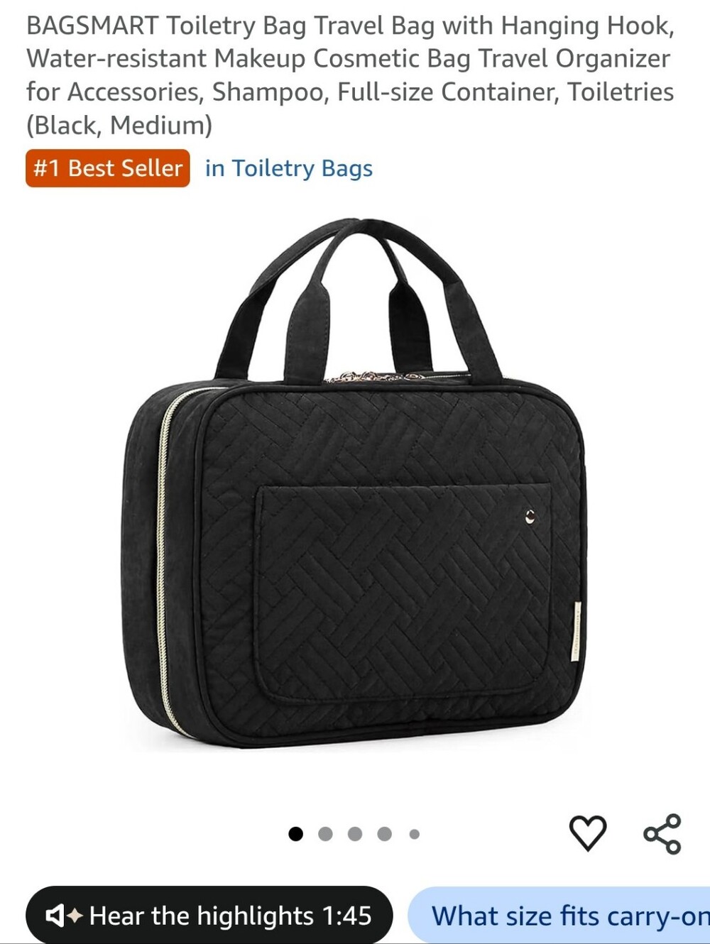 Bagsmart Black Quilted Travel Toiletry Bag